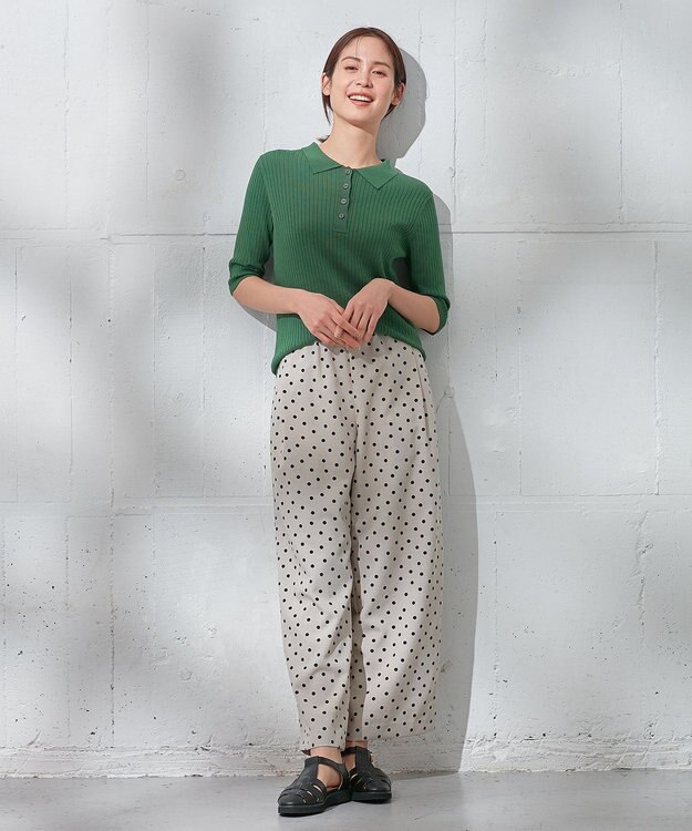 ANY L 【洗濯機可能/ウエストゴム/ポケット付】リネンライク ドット柄パンツ ベージュベース