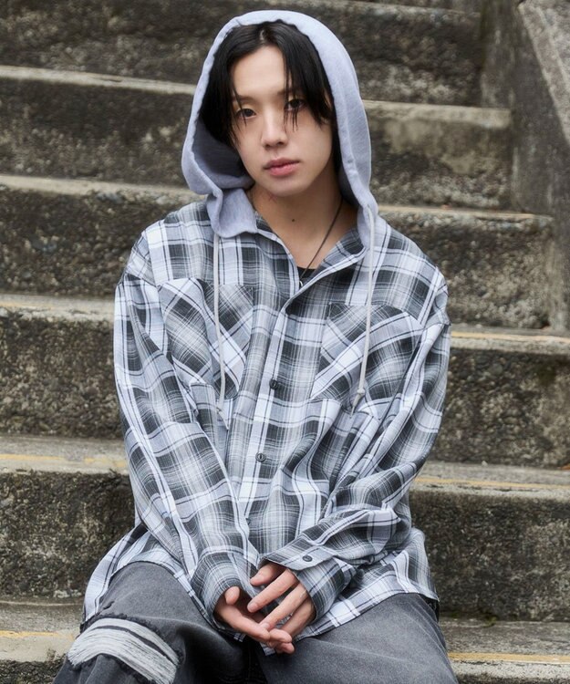 WEGO 【ユニセックス着用ITEM/MLサイズ展開】オンブレチェックフードシャツ（LS） ブラックチェック1