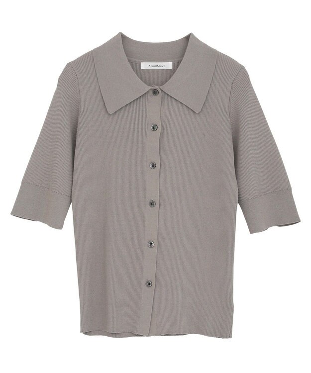 Green Parks ポロ襟5分袖リブニット Gray Beige