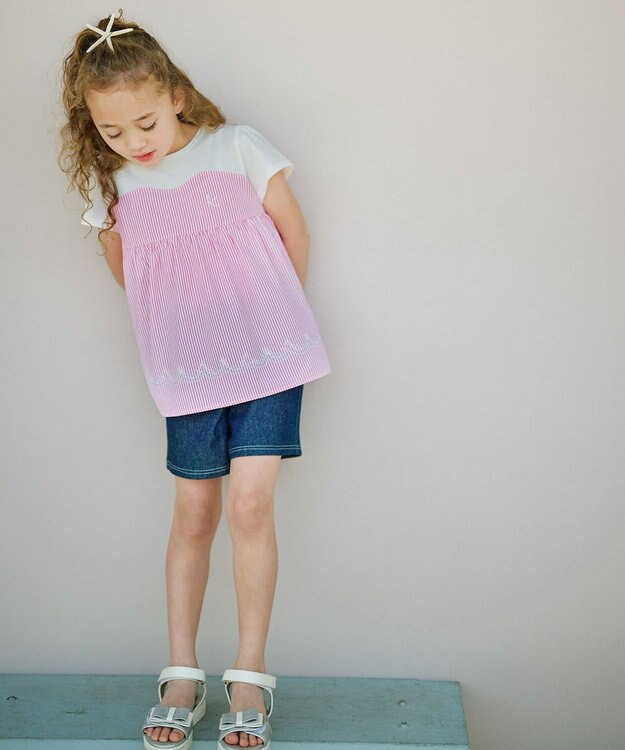 組曲 KIDS 【150-160cm】ビーチコーミングストライプ Tシャツ サンゴピンク系1