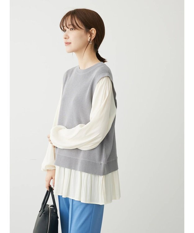 Green Parks とろみ布帛ドッキングニットチュニック Light Gray