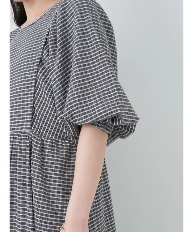 earth music&ecology ボリュームスリーブＣｈｅｃｋワンピース Black