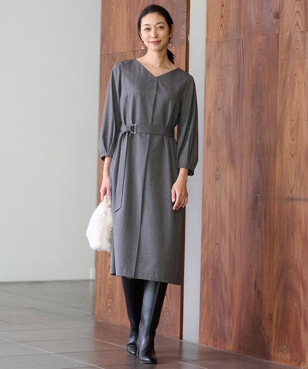 自由区 S 【洗える】ウールミックスストレッチツイル ワンピース ライトグレー系