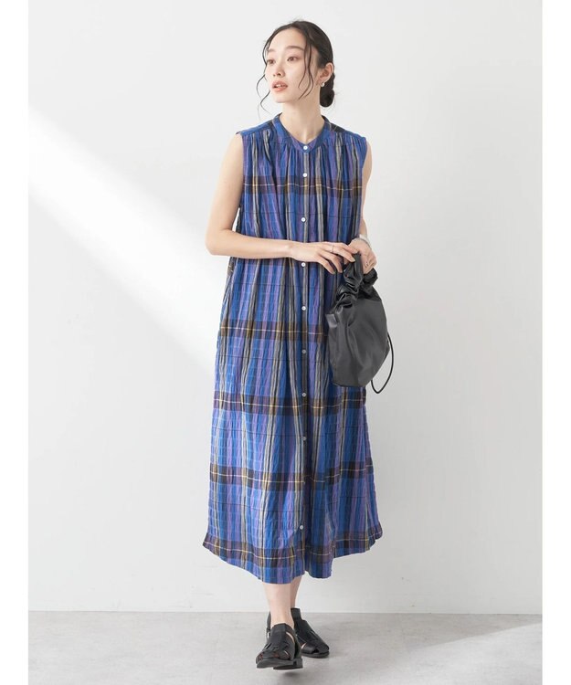 earth music&ecology 綿ＰＵクレープワンピース（ｃｈｅｃｋ柄） Blue