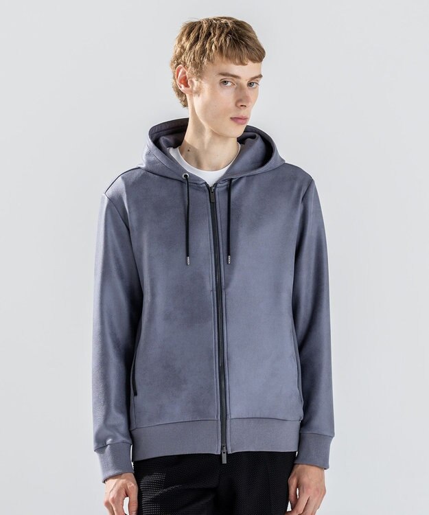 JOSEPH HOMME 新素材【ストレッチ/光沢感】レザーライクジャージーコンビ　フーディー ライトグレー系