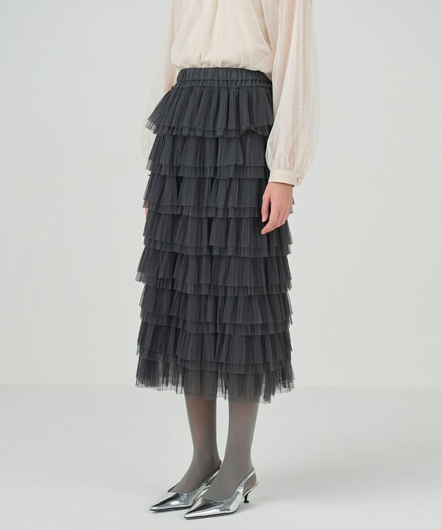 GRACE CONTINENTAL タイトティアードチュールスカート グレー