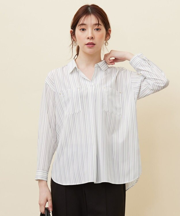 ANY SIS S 【洗える】トロミシャツカラー ブラウス ピンクストライプ