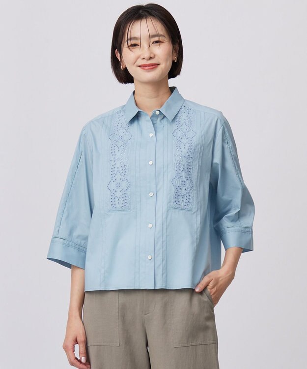 J.PRESS LADIES 【洗える】セルロースライト刺繍  シャツ ブラウス ブルーグリーン系