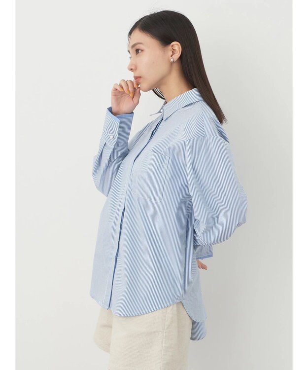 earth music&ecology パールボタンシャツ Stripe Blue