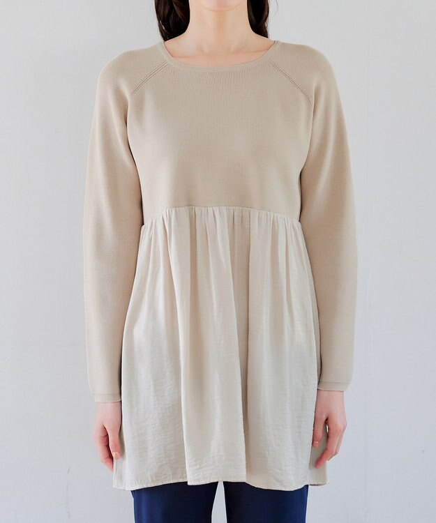 Tiaclasse L ヴィンテージサテンドッキングニットチュニック グレージュ