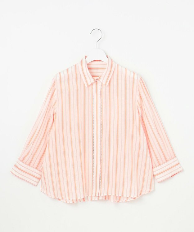 自由区 【ドラマ「明日はもっと いい日になる」着用】【接触冷感・吸水速乾・洗える】ナチュラルリネンクロップド丈 シャツ ホワイト×オレンジ