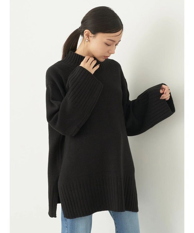 earth music&ecology アンチピリングリブハイネックチュニック Black