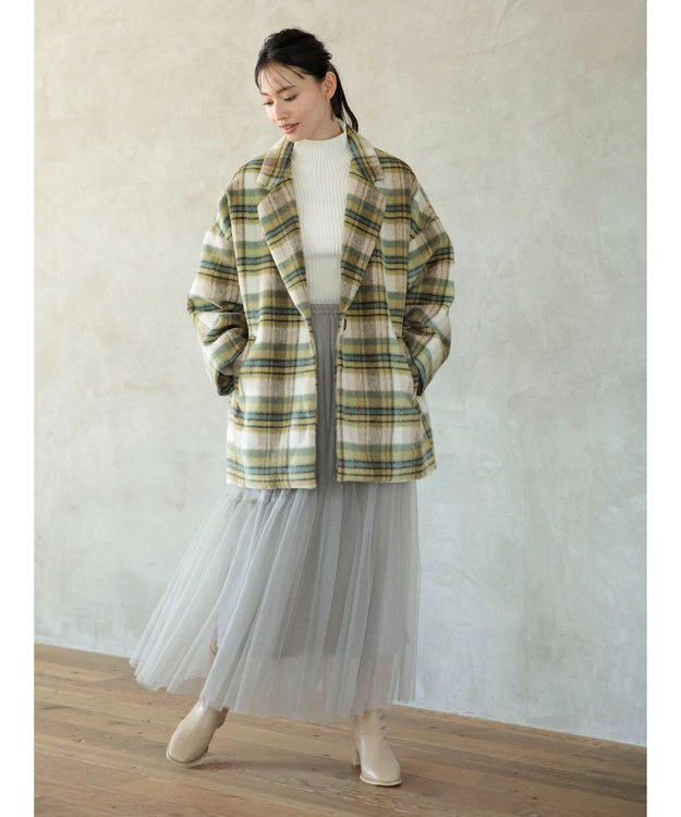 Green Parks ・ＥＬＥＮＣＡＲＥ　ＤＵＥ　シャギーチェックミドルコート Yellow