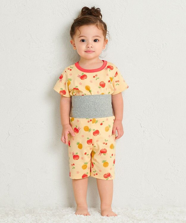 MIKI HOUSE HOT BISCUITS 【80-120cm】 フルーツ柄 腹巻き付き 天竺素材 半袖パジャマ 黄