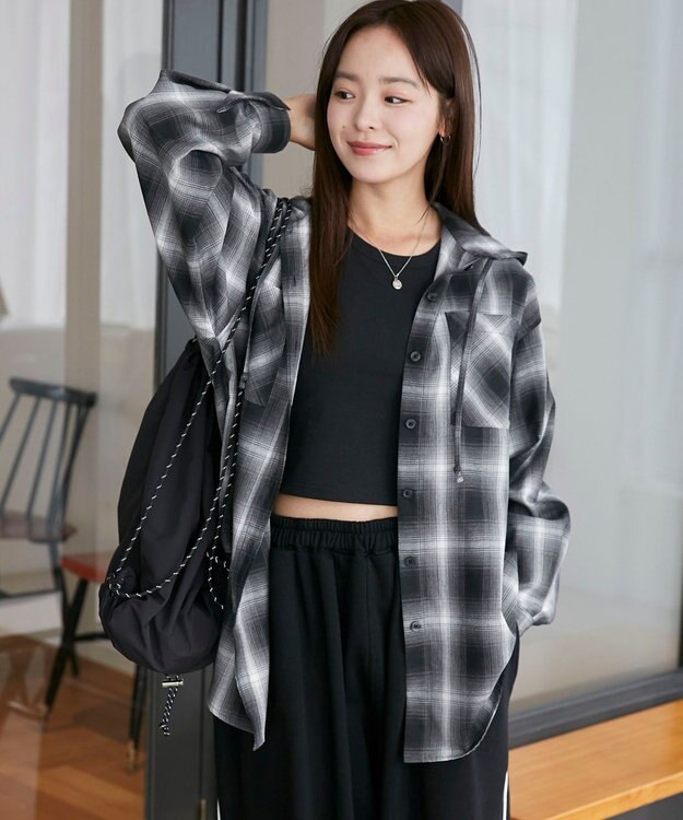 WEGO フードチェックBIGシャツ ブラック