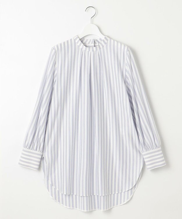 自由区 【洗える】ストレッチシャーティングスタンドカラーストライプ ブラウス サックスブルー系1