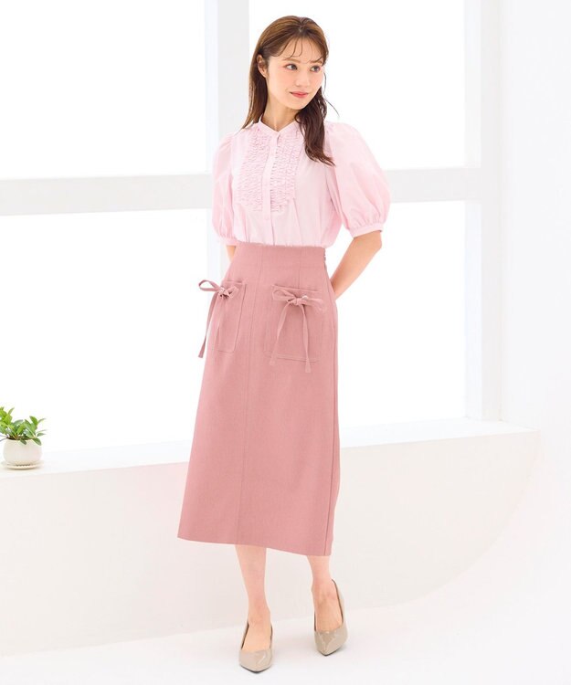 Feroux 【洗える】リボンポケット付きIライン スカート レッド系