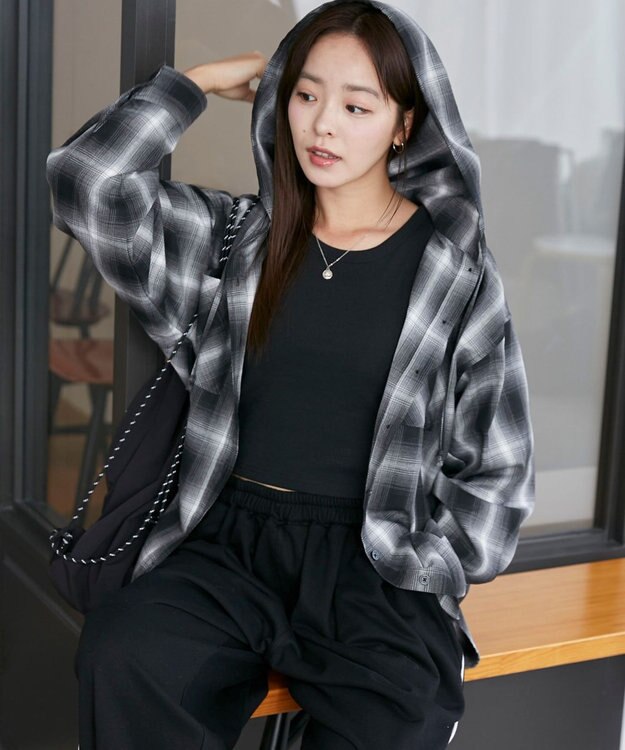 WEGO フードチェックBIGシャツ ブラック