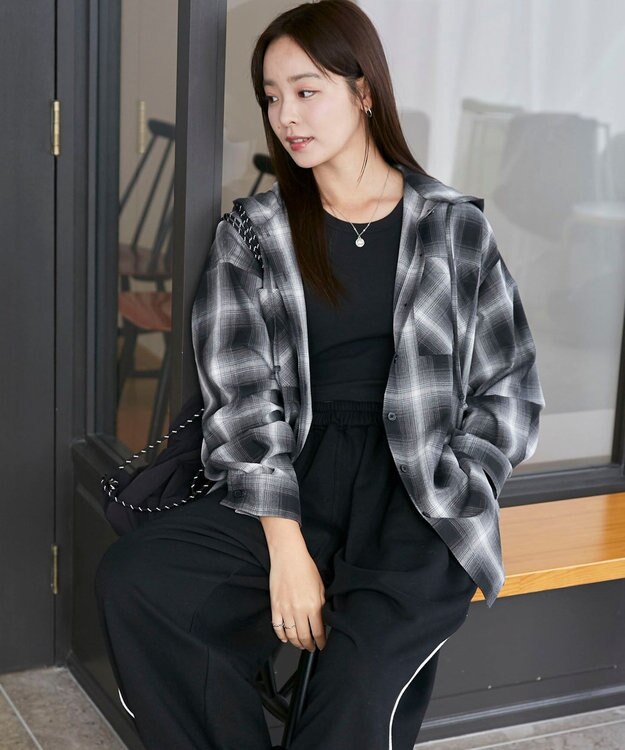 WEGO フードチェックBIGシャツ ブラック