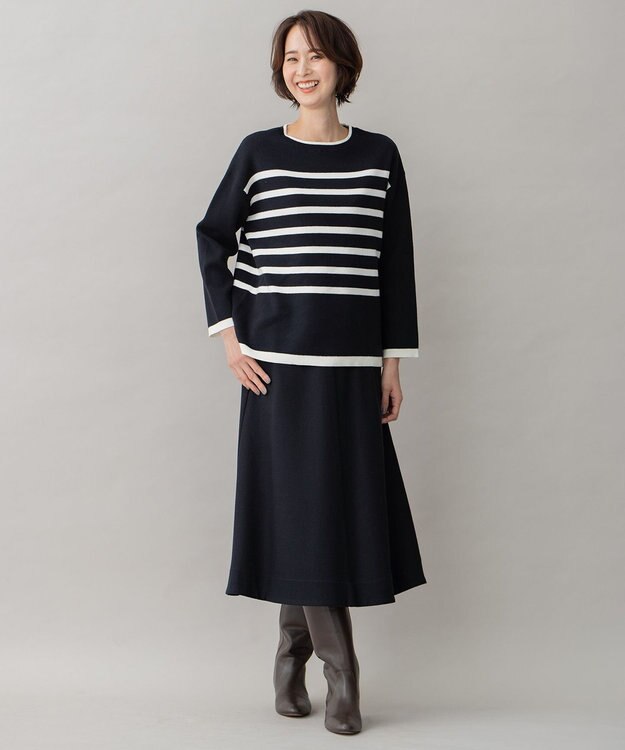 自由区 L 【洗える】コットンカシミヤ ボーダーニット ネイビー系1