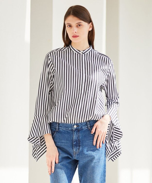 BEIGE， PERSIMMON / バンドカラーシャツ Black Stripe