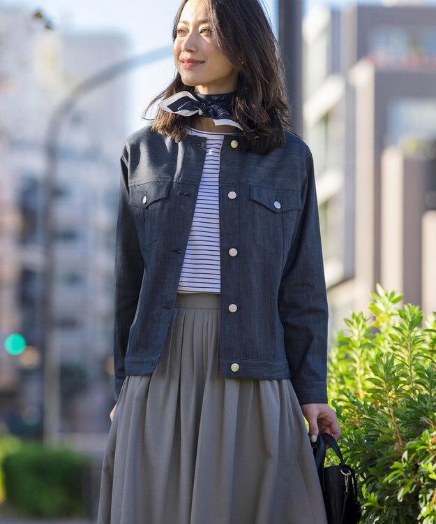 J.PRESS LADIES 【洗える】セルロースシャンブレー ノーカラー デニム ジャケット ネイビー系