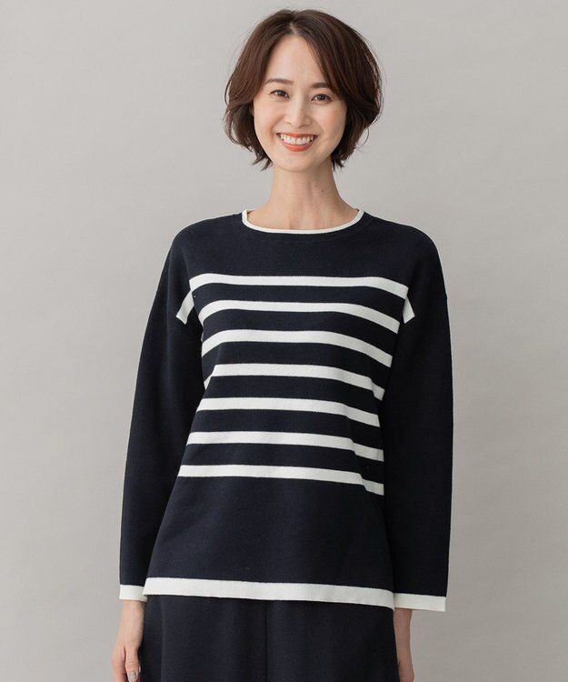 自由区 L 【洗える】コットンカシミヤ ボーダーニット ネイビー系1