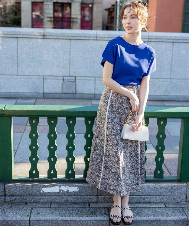 ANY SIS 【洗える】ラインポイントフラワー スカート ブルー系