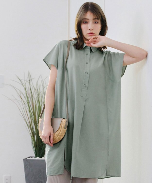 Tiaclasse 【洗える】フレンチスリーブリネンチュニックシャツ ミント