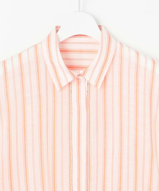 自由区 【ドラマ「明日はもっと いい日になる」着用】【接触冷感・吸水速乾・洗える】ナチュラルリネンクロップド丈 シャツ ホワイト×オレンジ