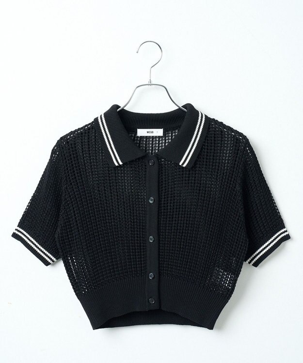 WEGO 襟付きメッシュニットショートカーデ ブラック