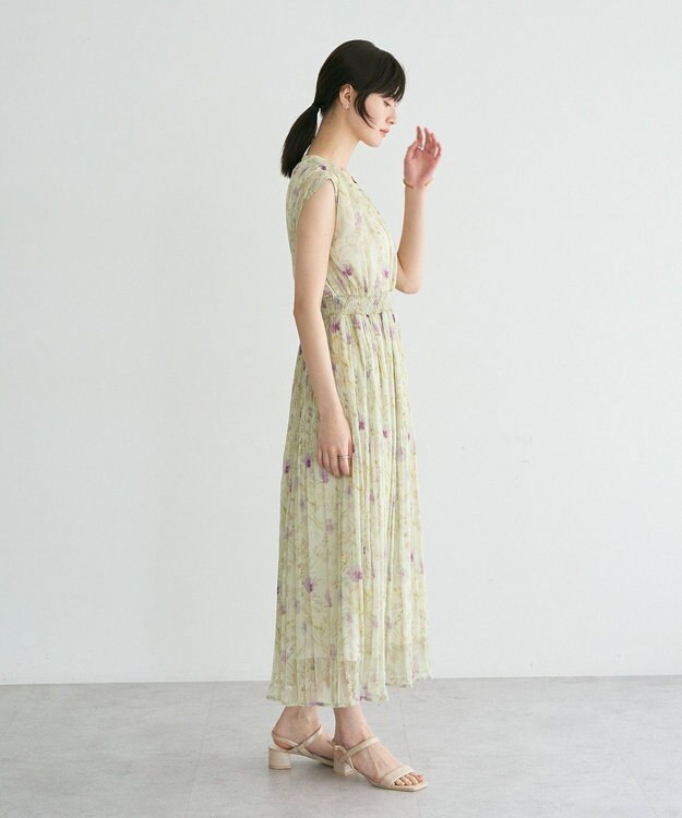 YECCA VECCA シアー花柄プリーツワンピース Light Green