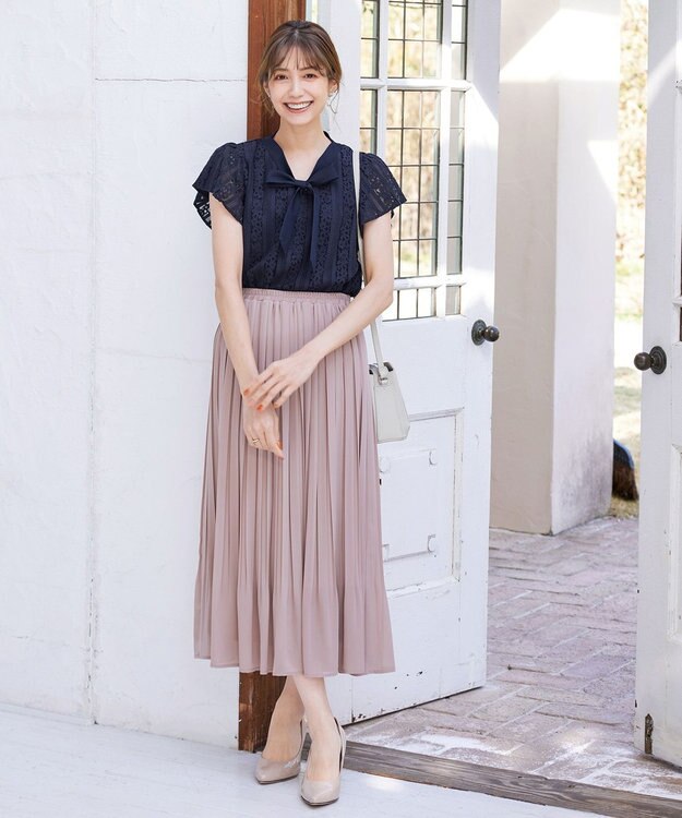 Tiaclasse L 【洗える】幅広く活躍が期待できるボウタイレースブラウス ネイビー