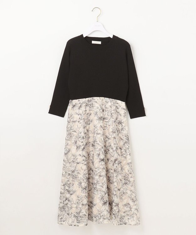 ANY SIS 【洗える】フラワープリントドッキングニット ワンピース ブラック系