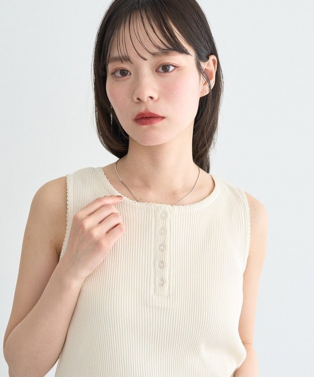 earth music&ecology 【綿100％】ピコミシンヘンリーネックタンクトップ Ivory