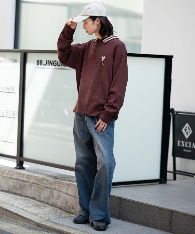 WEGO ラインポロニットプルオーバー ブラウン