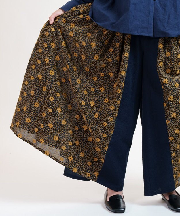 muuc 【手刺繍のような刺繍が美しい】ハイドランジア 切り替えパンツ ネイビー