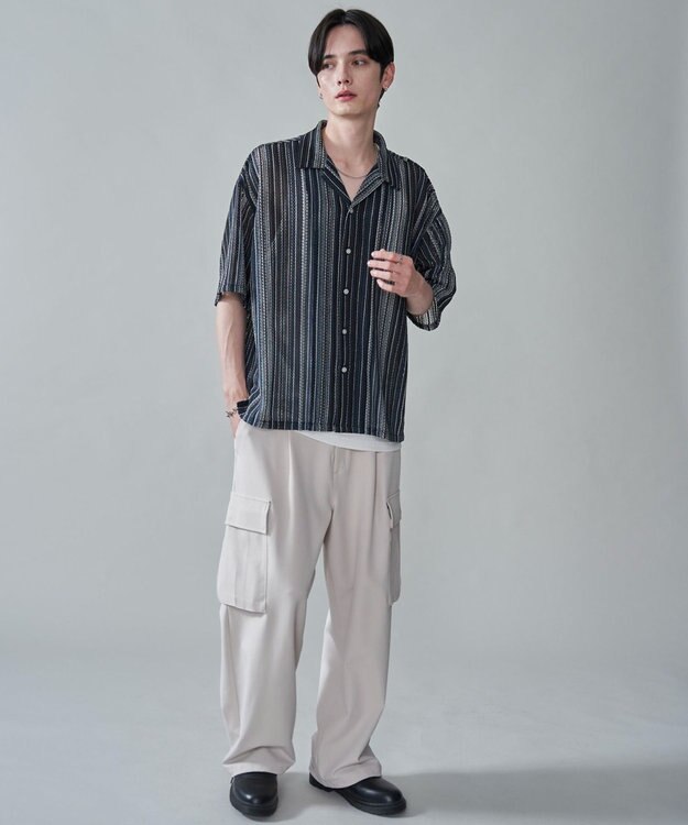 WEGO ストライプメッシュBIGシャツ（SS） ブラック中濃色