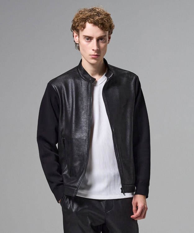 JOSEPH HOMME 【ストレッチ】レザーライクジャージーニットブロック　ZIP UPブルゾン ブラック系