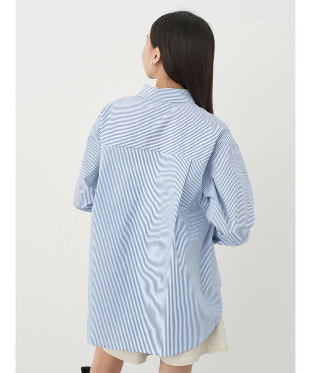 earth music&ecology パールボタンシャツ Stripe Blue