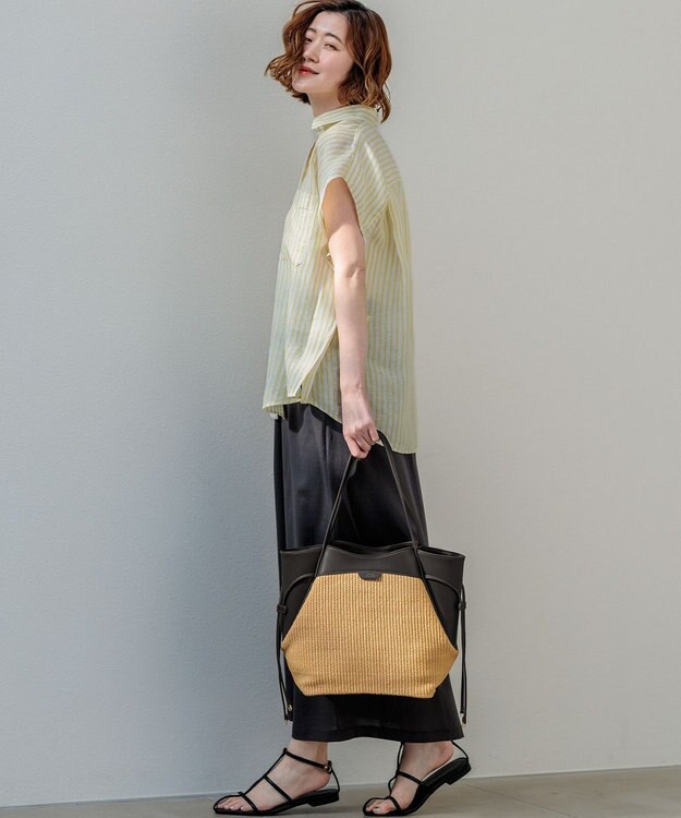 23区 ペーパーライクコンビ トートバッグ (M) ブラック×ベージュ