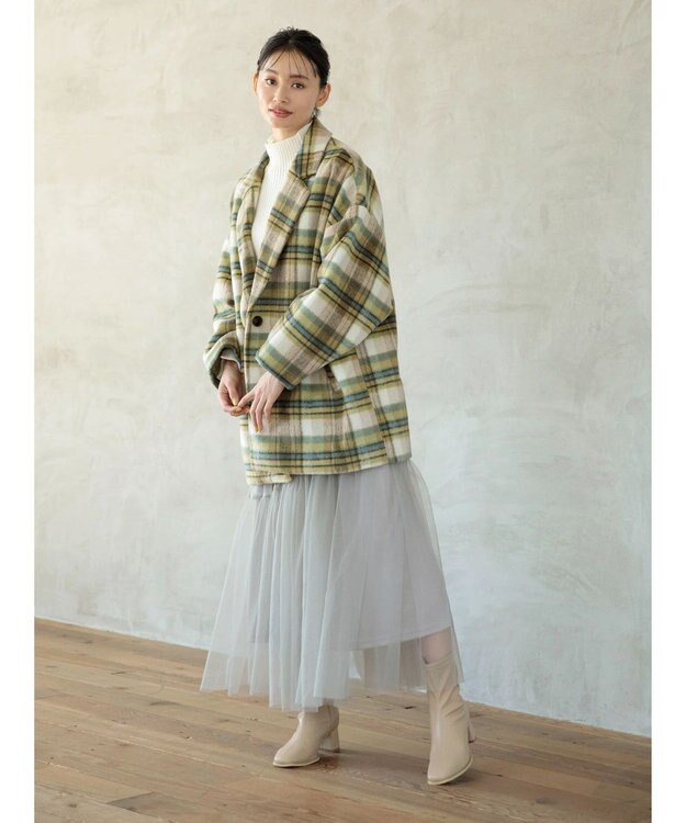 Green Parks ・ＥＬＥＮＣＡＲＥ　ＤＵＥ　シャギーチェックミドルコート Yellow