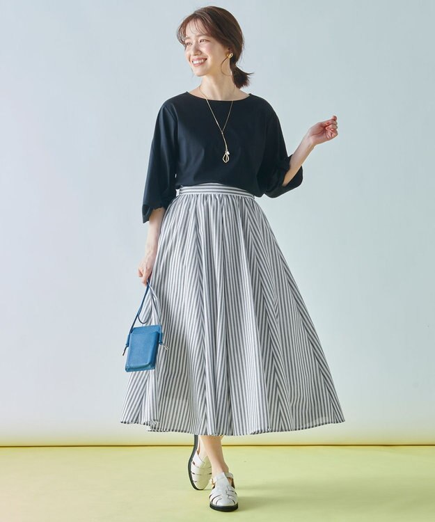 ANY 【ウエストゴム/ポケット付】シャンブレーライク フレアスカート ストライプ