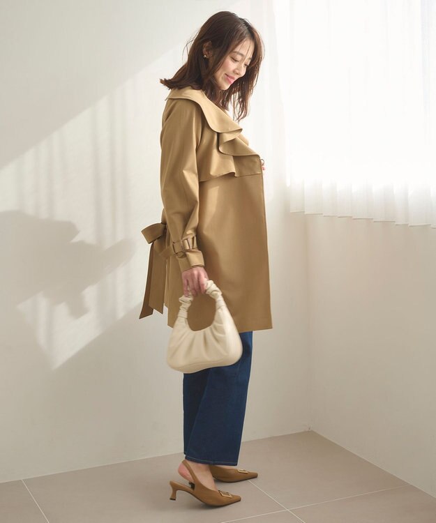 Feroux 【洗える】ラッフルカラーミドル丈 トレンチ キャメル系