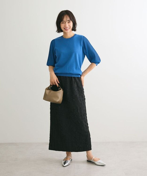 Green Parks 袖プリーツドッキング５分袖ニットプルオーバー Blue