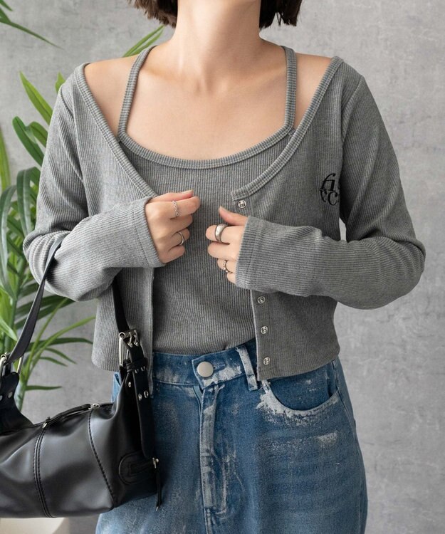 WEGO 【2点SET】ワンポイント刺繍キャミセットカーデ ダークグレー