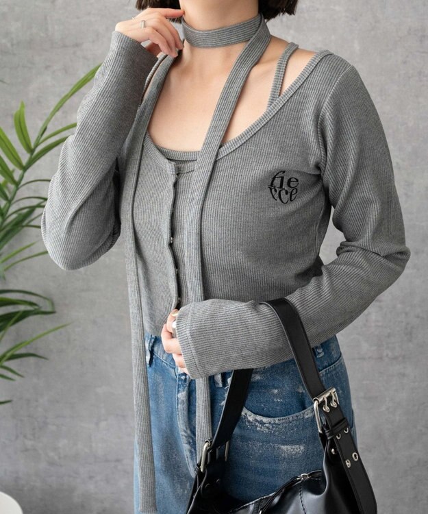 WEGO 【2点SET】ワンポイント刺繍キャミセットカーデ ダークグレー