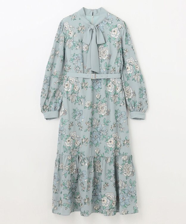 GRACE CONTINENTAL フラワー刺繍ボウタイワンピース ブルー