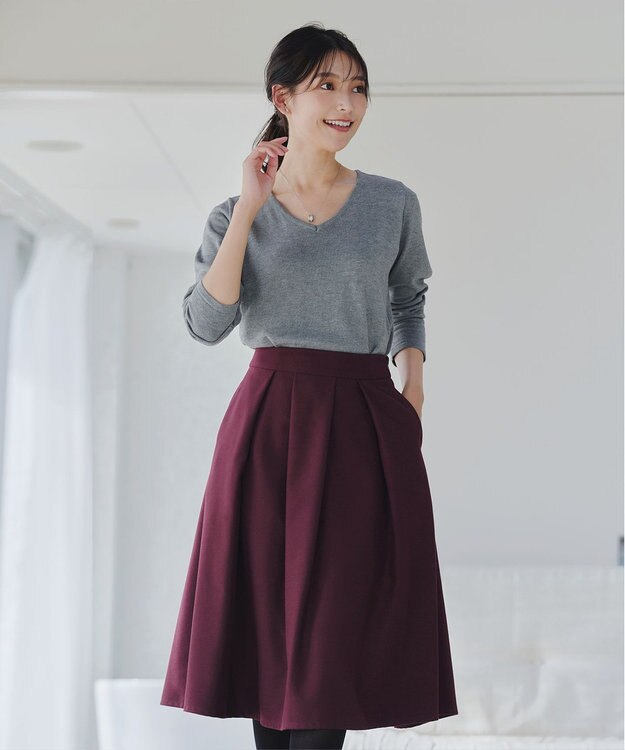 Tiaclasse 【新色追加・洗える】ウール調タックフレアスカート ワインレッド