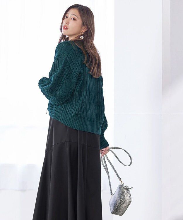 Tiaclasse 【洗える】ケーブル編みショート丈カーディガン グリーン